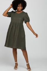 Olive Square Dot Puff Sleeve Babydoll Maternity Dress