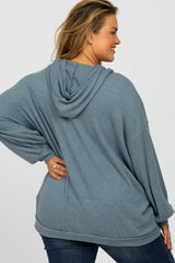 Blue Brushed Ribbed Maternity Plus Hooded Top