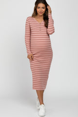 Pink Ribbed Striped Maternity Midi Dress