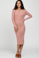 Pink Ribbed Striped Maternity Midi Dress