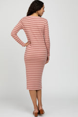 Pink Ribbed Striped Midi Dress