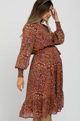 Rust Floral Long Sleeve Maternity Midi Dress