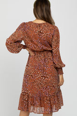 Rust Floral Long Sleeve Maternity Midi Dress