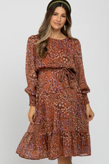 Rust Floral Long Sleeve Maternity Midi Dress