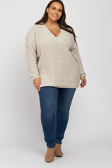 Beige Chenille Knit V-Neck Plus Sweater