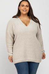 Beige Chenille Knit V-Neck Plus Sweater