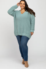 Mint Green Chenille Knit V-Neck Plus Sweater