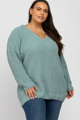 Mint Green Chenille Knit V-Neck Maternity Plus Sweater