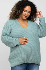 Mint Green Chenille Knit V-Neck Maternity Plus Sweater