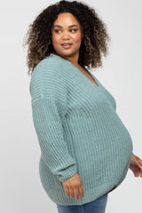 Mint Green Chenille Knit V-Neck Maternity Plus Sweater