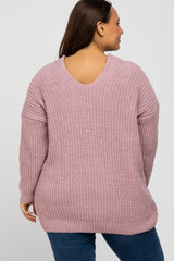 Mauve Chenille Knit V-Neck Plus Sweater