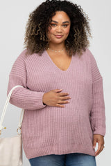 Mauve Chenille Knit V-Neck Maternity Plus Sweater