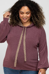 Burgundy Animal Print Drawstring Maternity Plus Hooded Top