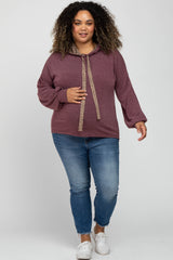 Burgundy Animal Print Drawstring Maternity Plus Hooded Top