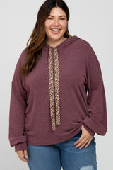 Burgundy Animal Print Drawstring Maternity Plus Hooded Top