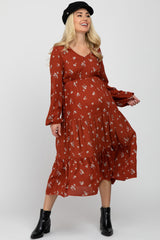 Rust Floral Tiered Maternity Midi Dress