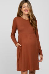 Rust Ribbed Knit Long Sleeve Maternity Dress