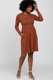 Rust Ribbed Knit Long Sleeve Dress