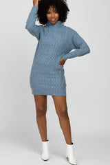 Blue Cable Knit Turtleneck Sweater Dress