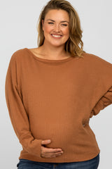 Camel Brushed Waffle Knit Dolman Maternity Plus Top