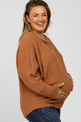 Camel Brushed Waffle Knit Dolman Maternity Plus Top