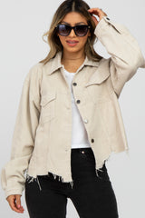 Beige Corduroy Distressed Hem Cropped Maternity Jacket