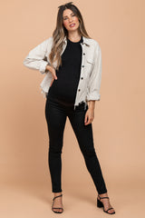 Beige Corduroy Distressed Hem Cropped Maternity Jacket