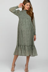 Olive Ditsy Floral Smocked Mock Neck Maternity Midi Dress