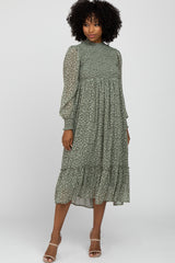 Olive Ditsy Floral Smocked Mock Neck Midi Dress