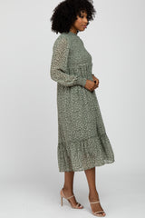 Olive Ditsy Floral Smocked Mock Neck Midi Dress