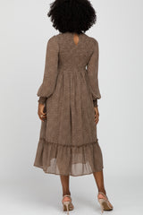 Taupe Animal Print Smocked Mock Neck Midi Dress