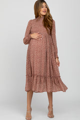 Mauve Ditsy Floral Smocked Mock Neck Maternity Midi Dress