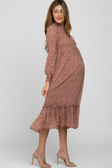 Mauve Ditsy Floral Smocked Mock Neck Maternity Midi Dress