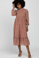 Mauve Ditsy Floral Smocked Mock Neck Maternity Midi Dress