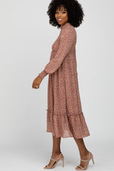 Mauve Ditsy Floral Smocked Mock Neck Midi Dress