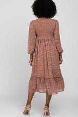 Mauve Ditsy Floral Smocked Mock Neck Midi Dress