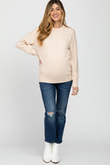 Beige Mock Neck Exposed Seam Maternity Sweater