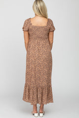 Mocha Floral Smocked Puff Sleeve Maternity Maxi Dress