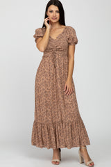 Mocha Floral Smocked Puff Sleeve Maxi Dress