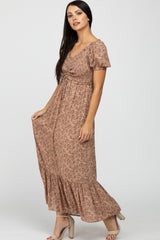 Mocha Floral Smocked Puff Sleeve Maxi Dress