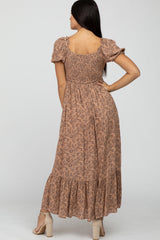 Mocha Floral Smocked Puff Sleeve Maxi Dress