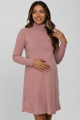 Pink Ribbed Turtleneck Maternity Dress