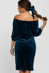 Teal Velvet Off Shoulder Fitted Maternity Dress