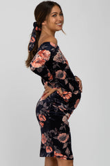 Navy Floral Velvet Off Shoulder Fitted Maternity Dress