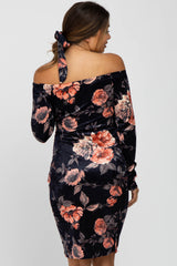 Navy Floral Velvet Off Shoulder Fitted Maternity Dress