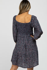 Navy Floral 3/4 Sleeve Mini Dress