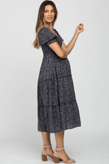 Navy Floral Smocked Tiered Maternity Midi Dress