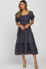 Navy Floral Smocked Tiered Midi Dress