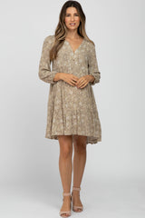 Taupe Floral Button Front Tiered Maternity Dress