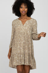 Taupe Floral Button Front Tiered Dress